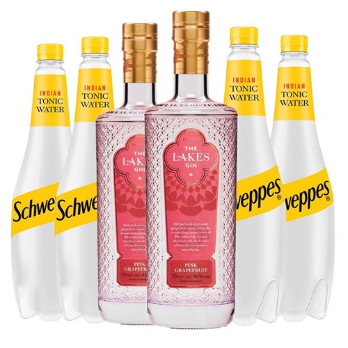 Case of 6 with The Lakes Pink Grapefruit Gin 70cl and Schweppes Tonic Packed Together